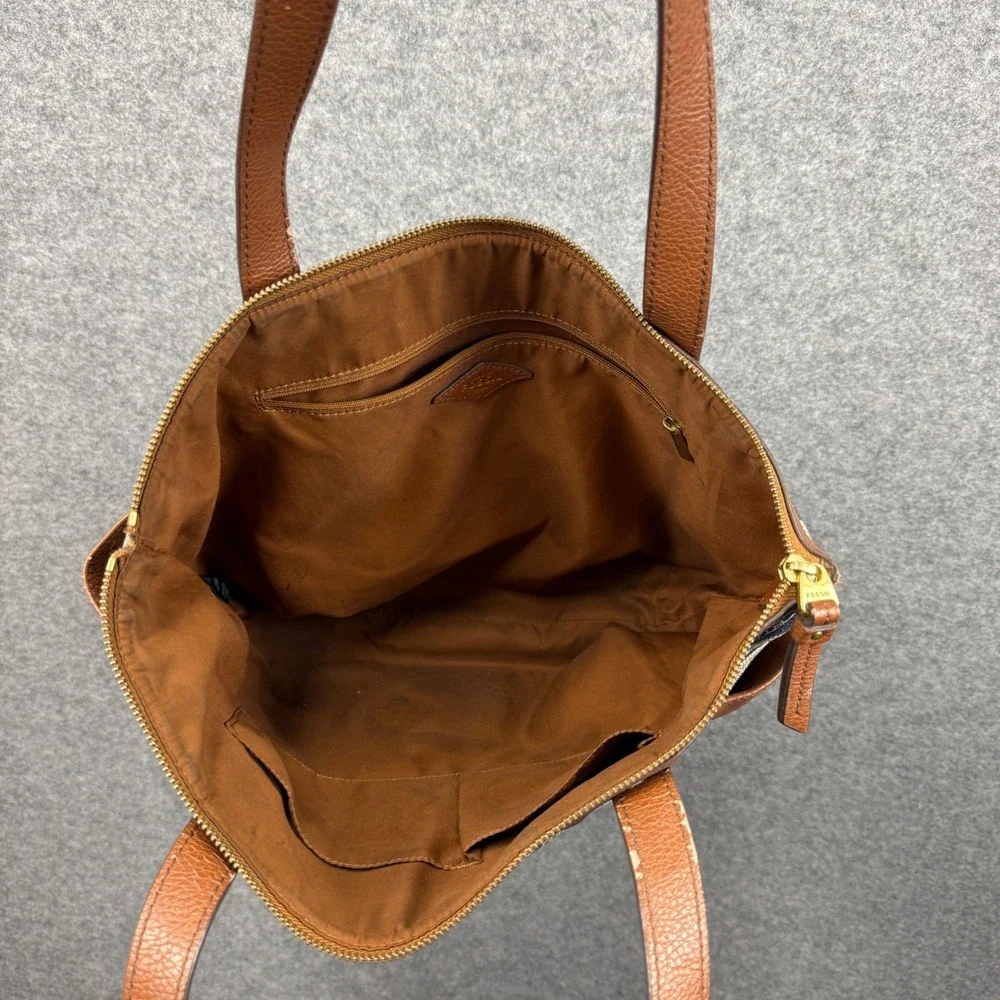 Fossil Navy Cream Geometric Circle Print Tote Bag Brown Leather Trim‎ Large
